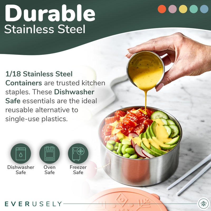 Everusely - Stainless Steel Containers with Lids - Set of 5, Bright Collection - Leakproof Stainless Steel Food Containers - Nesting Snack Holders - Metal Lunch Box - Portable & Reusable Meal Kit - Image 5